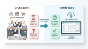 איש עסקים מתוסכל מול ערימת קבלות וניירת