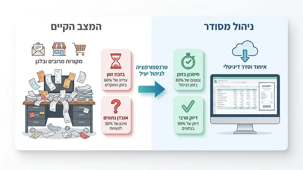 איש עסקים מתוסכל מול ערימת קבלות וניירת
