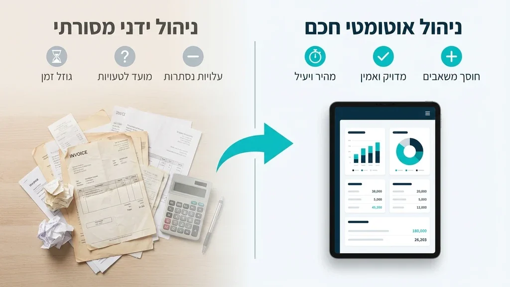 השוואה ויזואלית בין סדר דיגיטלי לבלגן בניירת