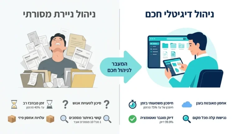 איש עסקים מתוסכל מניירת לעומת סביבת עבודה דיגיטלית נקייה